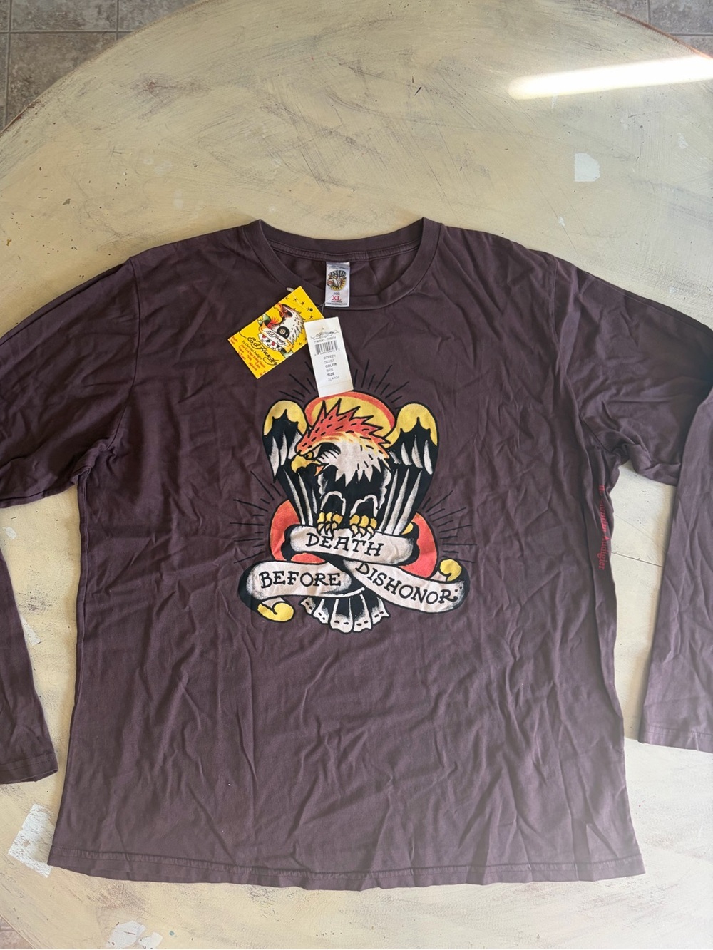 Ed Hardy Death Before Dishonor Long Sleeve T-shirt Eagle Adult XL Brown NWT